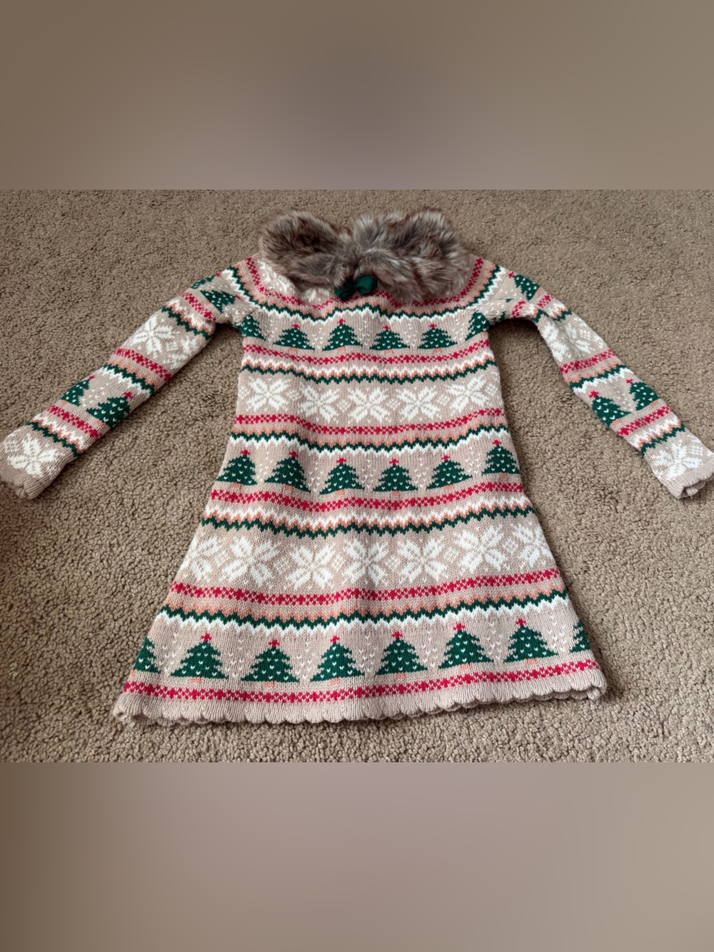 Tommy Bahama Cream Fair Isle faux fur neck Dress Outfit girls 2T